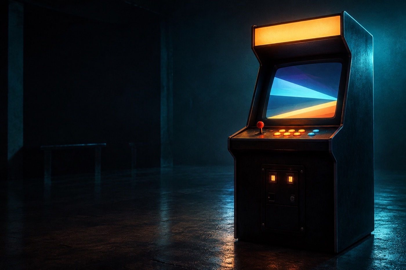 Unbranded arcade cabinet glowing in an empty dark room