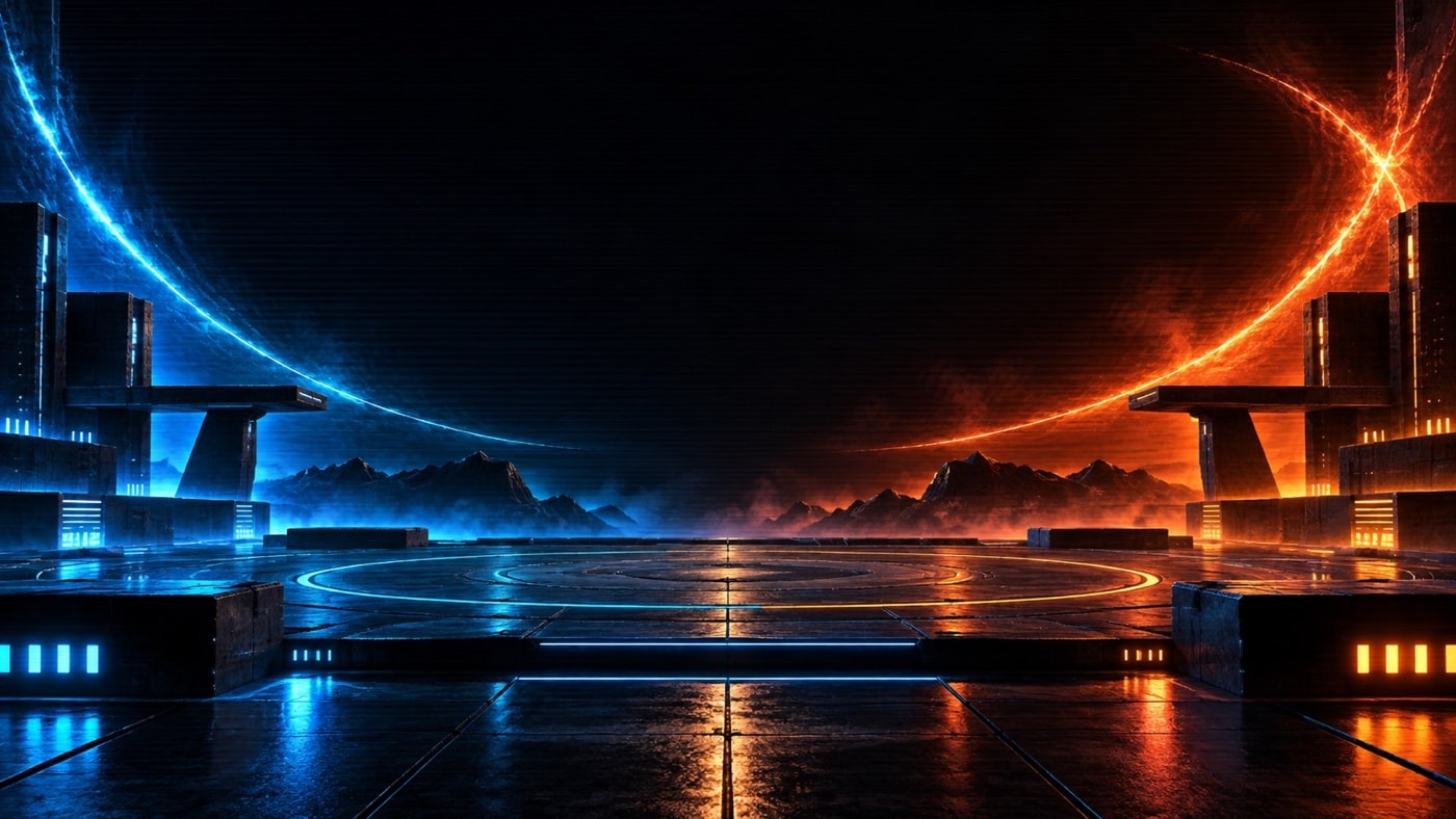 Empty abstract arena divided by cyan and amber light